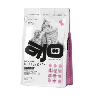 AJO Basic Line Kitten&Mom Индейка Сухой корм для котят, беременных и кормящих кошек Вес 0,4 кг
