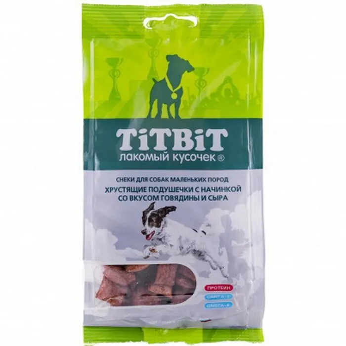 TiTBiT Подушечки хрустящие с начинкой со вкусом говядины и сыра для собак маленьких пород 95 г