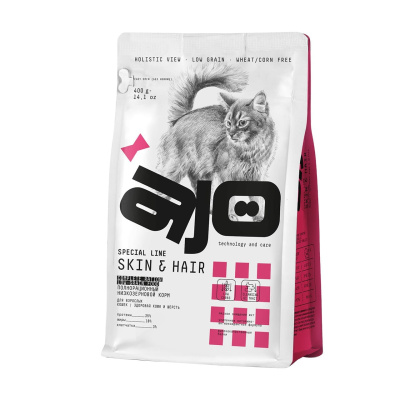 AJO Special Line Skin&Hair Лосось и индейка Сухой корм для кошек для здоровой кожи и красивой шерсти Вес 0,4 кг