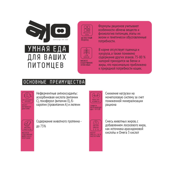 AJO Special Line Skin&Hair Лосось и индейка Сухой корм для кошек для здоровой кожи и красивой шерсти