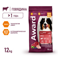 Award Говядина и курица с брокколи и черникой Корм для собак всех пород Вес 12 кг